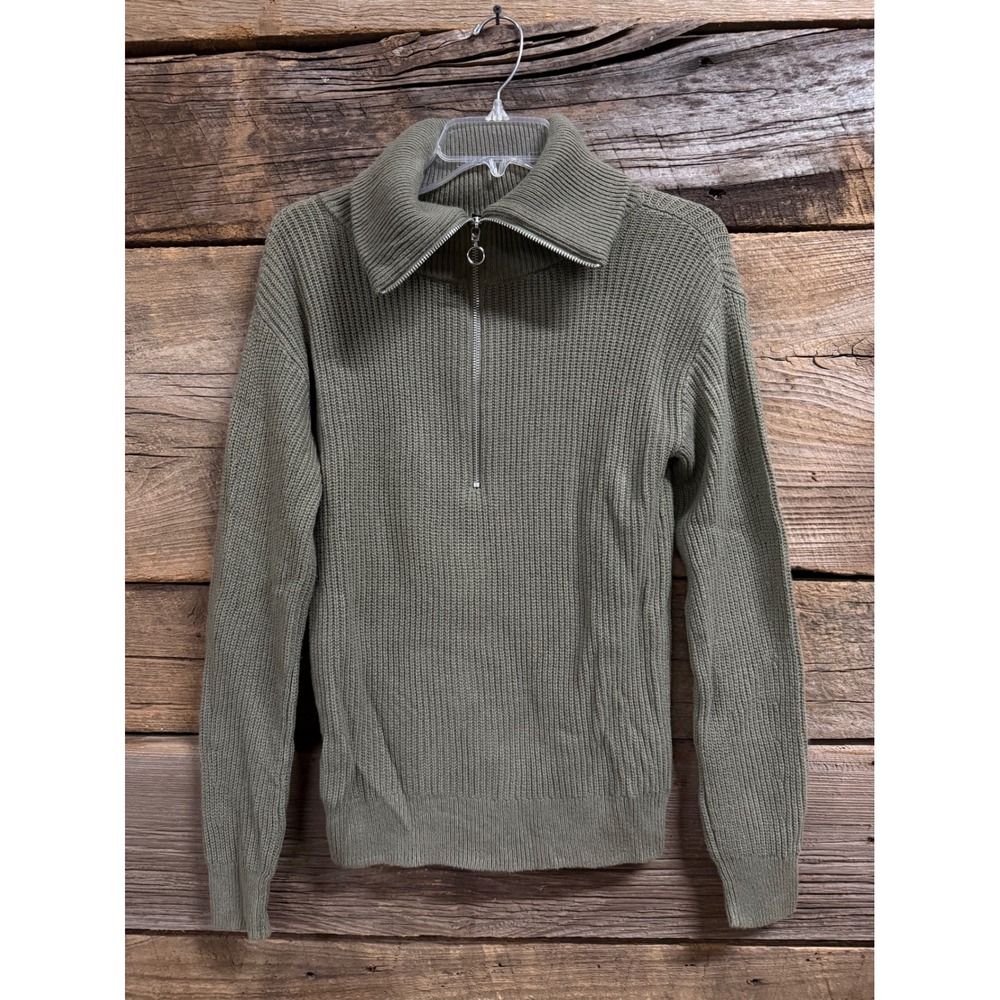 Talbots Olive Green Ribbed Quarter Zip Sweater XS Cotton Merino Wool Blend